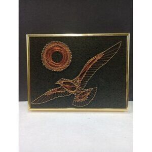 Framed 1970s Wire String Sun And Seagull Wall Decor 9x 13